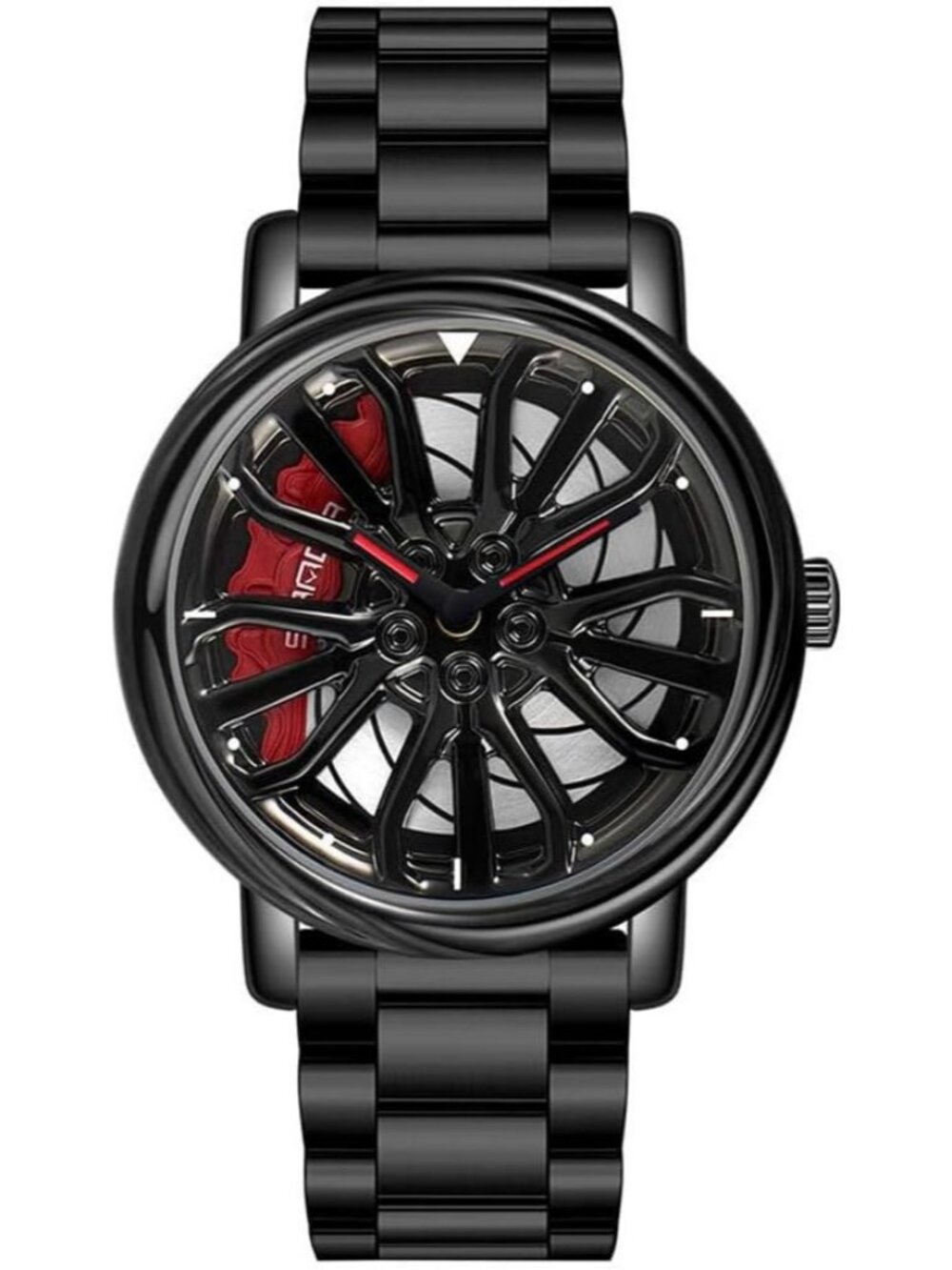 Men's Black Creative 3D Spinning Car Wheel Rotating Stainless Steel Strap Watch